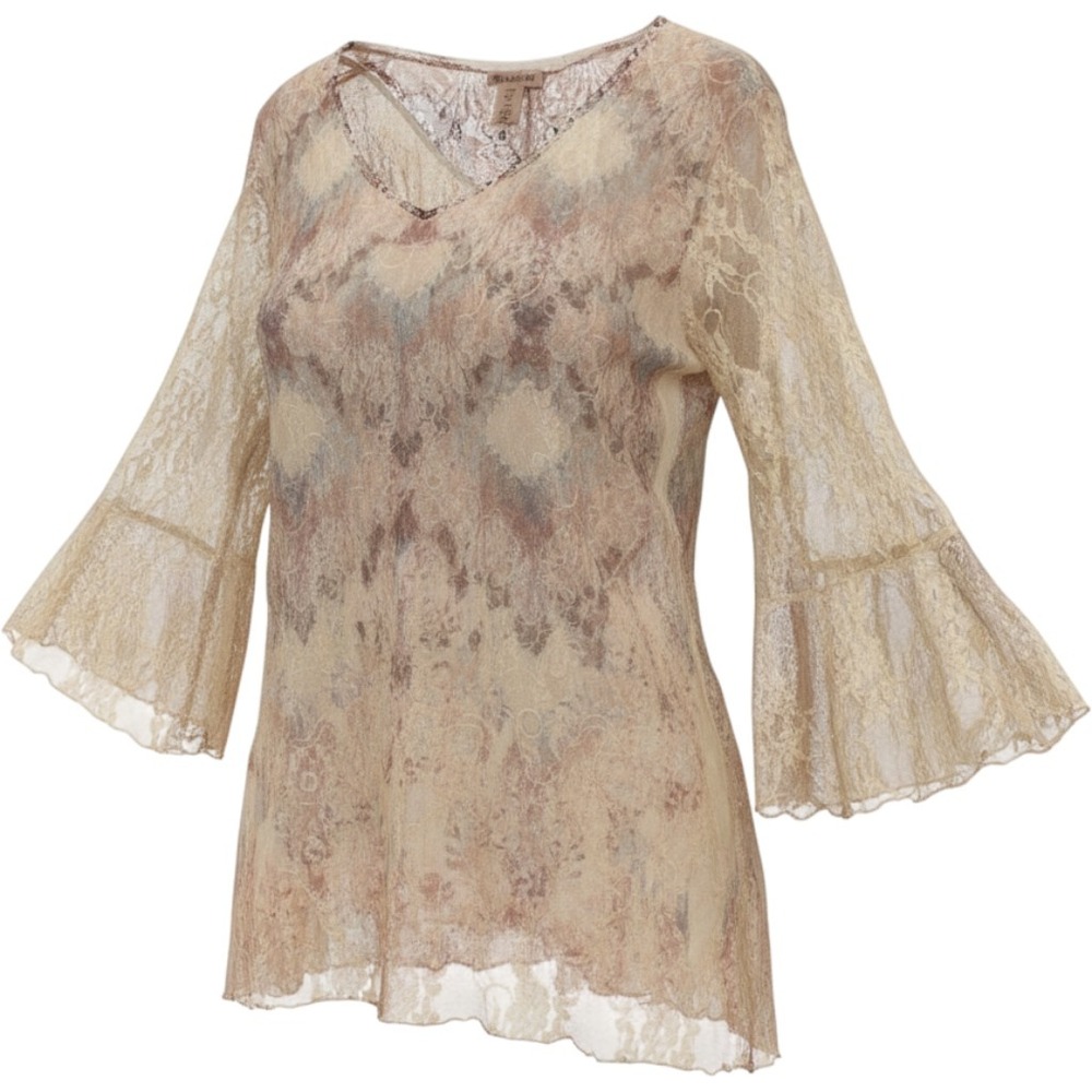 Brittany Black Lace Bell Sleeve Tunic Top 3X Beige Abstract V-Neck 61445